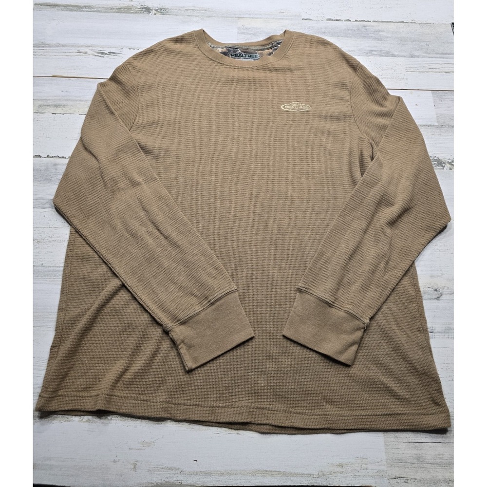 Realtree Mens 2XL Waffle Knit Thermal Long Sleeve Shirt Brown Crew Neck EUC